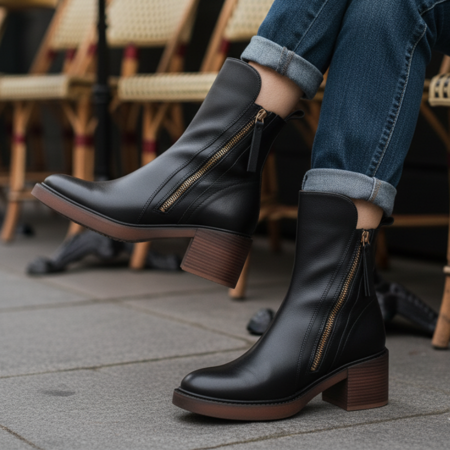 Valorine™ | Svart läderkänga med bekväm klack, elegant och tidlös