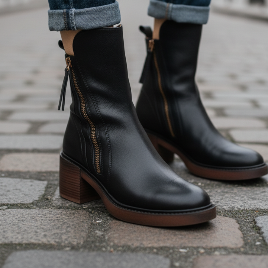 Valorine™ | Svart läderkänga med bekväm klack, elegant och tidlös
