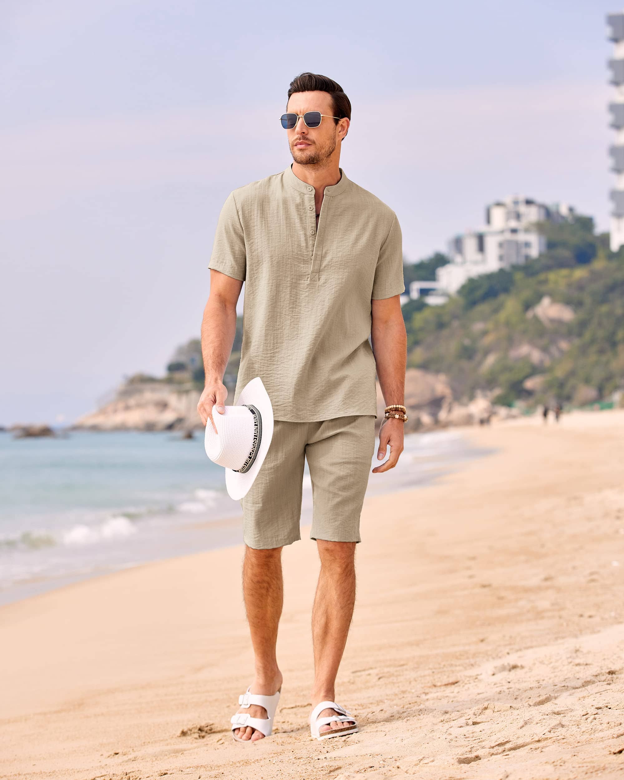 Casual 2-Delat Bomull Linne Henley Skjortset
