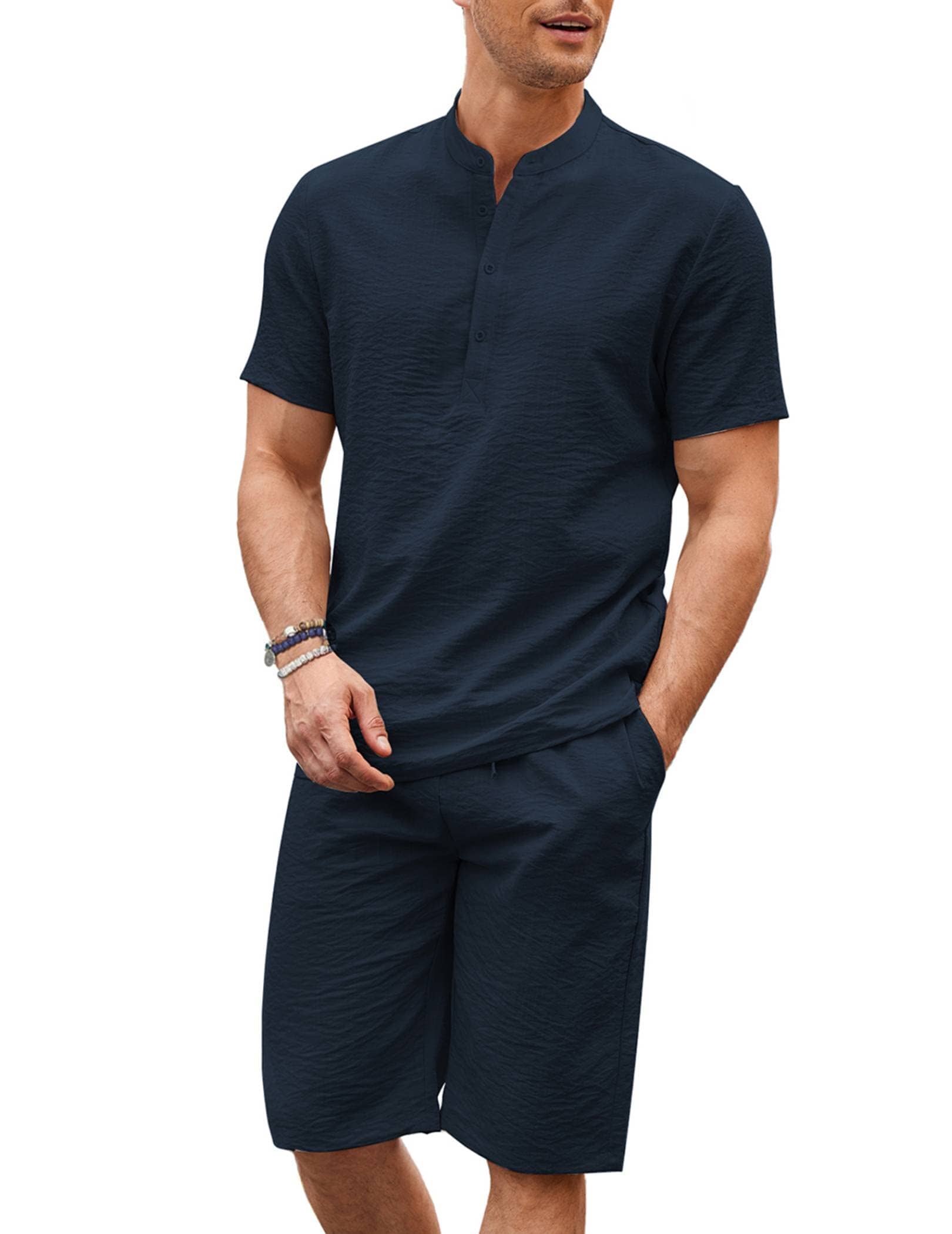 Casual 2-Delat Bomull Linne Henley Skjortset