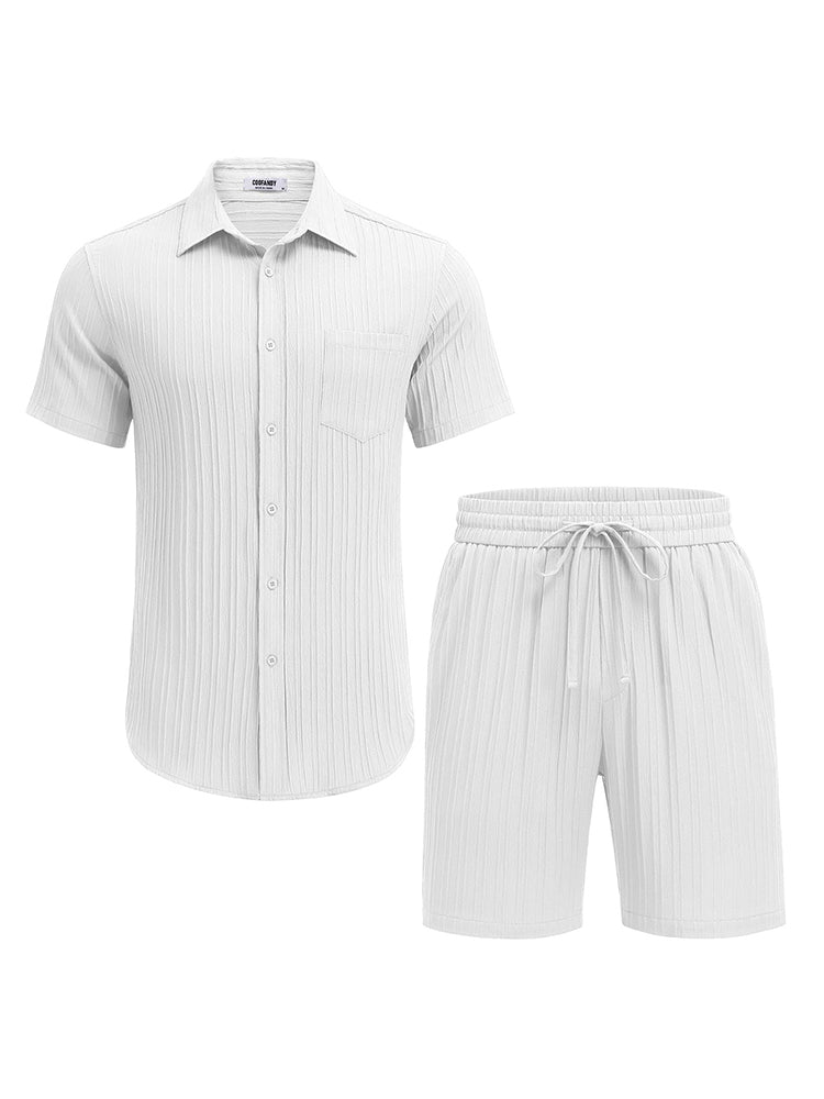 Casual Texturerat Skjorta Shorts Semesterset