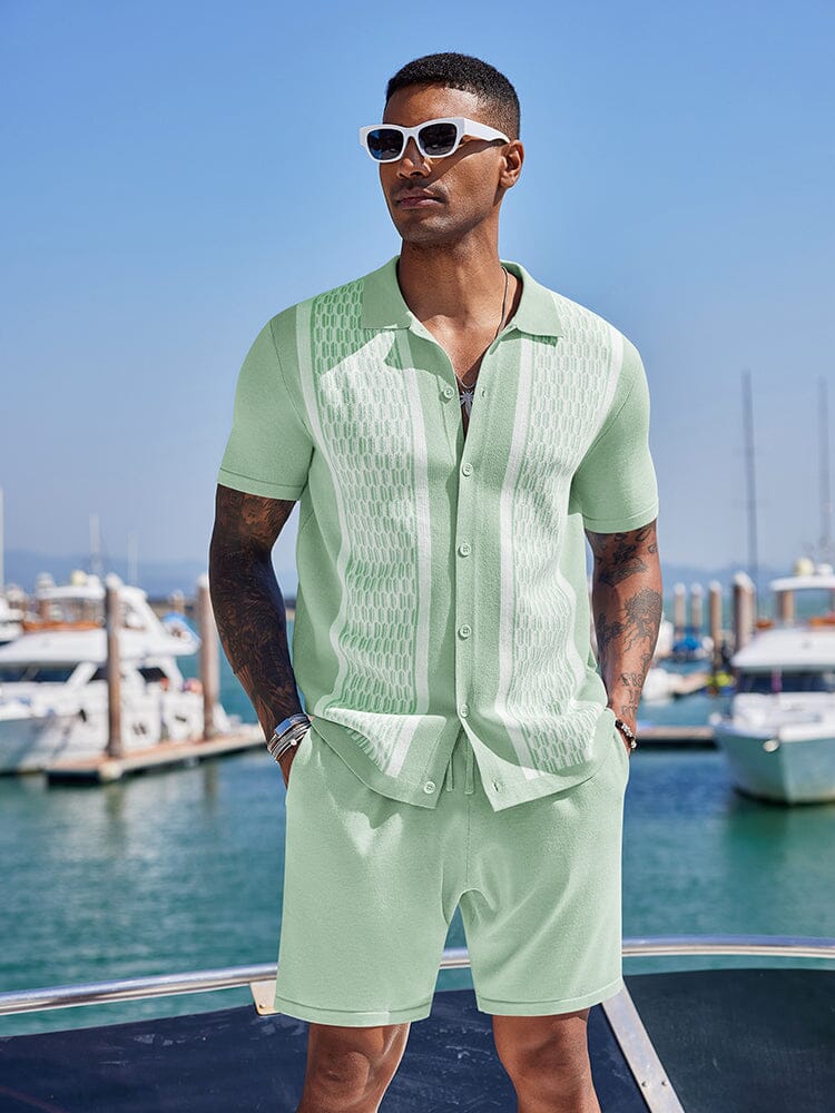 Vintage Stickad Skjorta Shorts Set