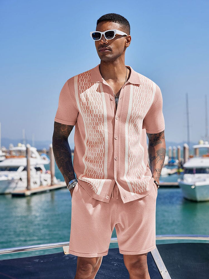 Vintage Stickad Skjorta Shorts Set