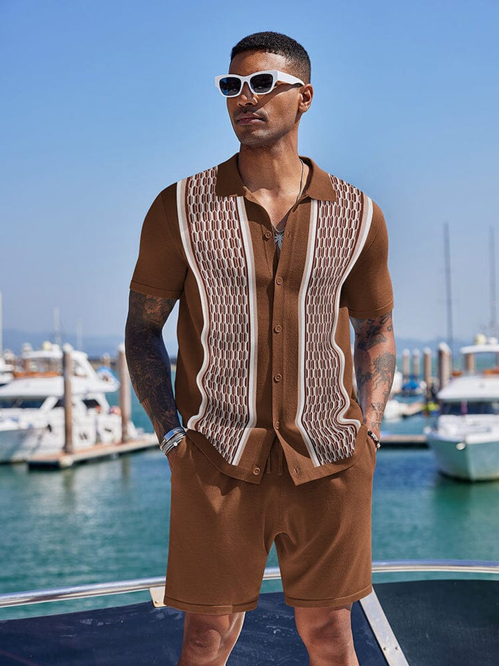 Vintage Stickad Skjorta Shorts Set