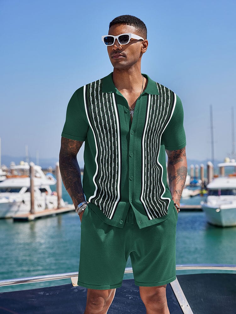 Vintage Stickad Skjorta Shorts Set