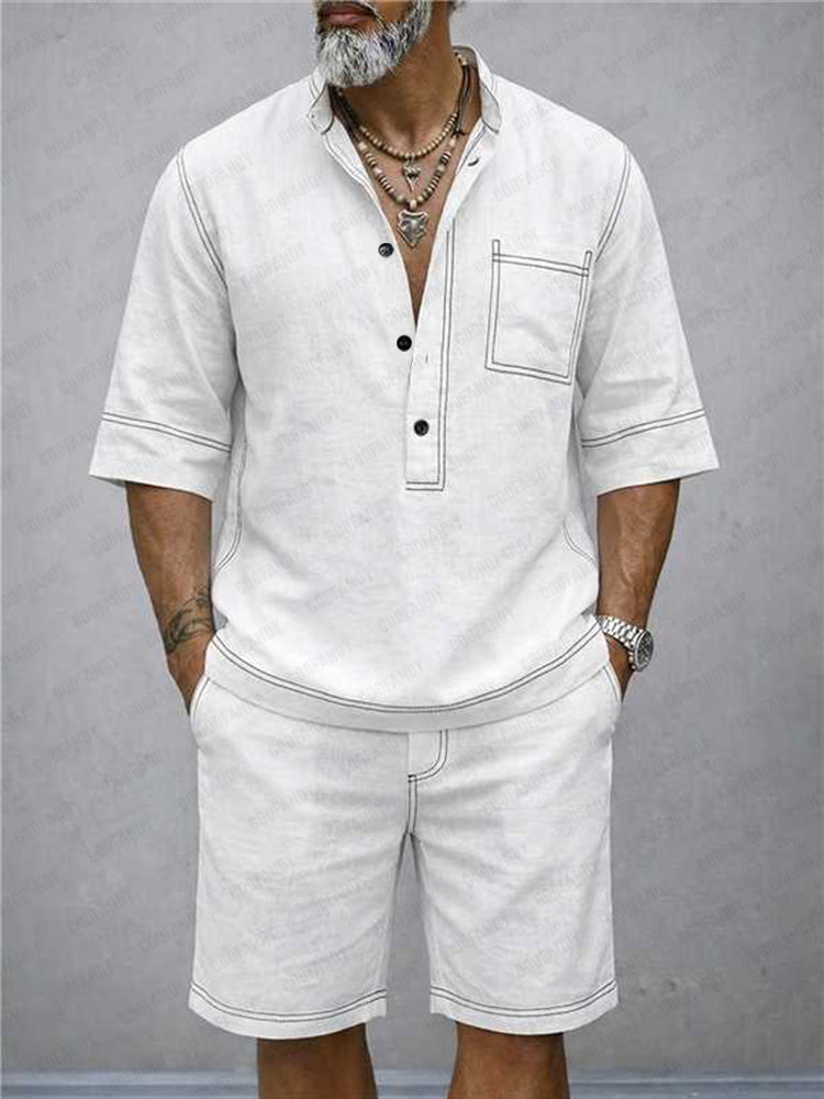 Sommar Casual 100% Bomull Henley Skjortset