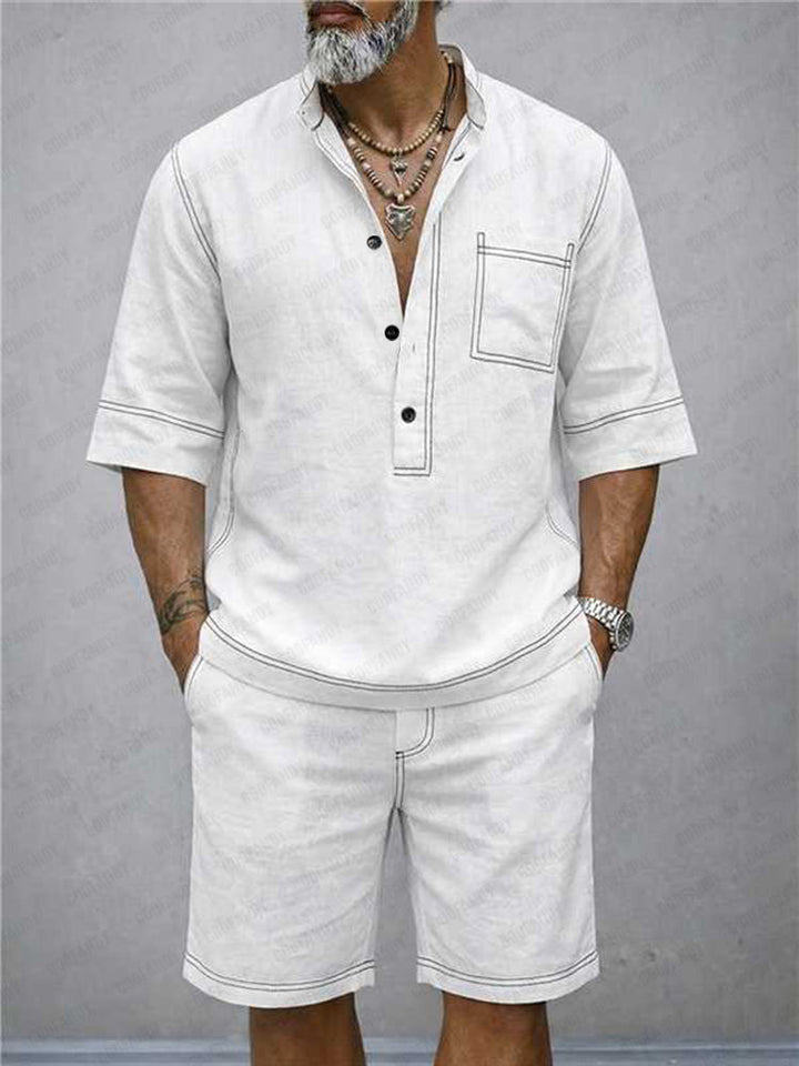 Sommar Casual 100% Bomull Henley Skjortset