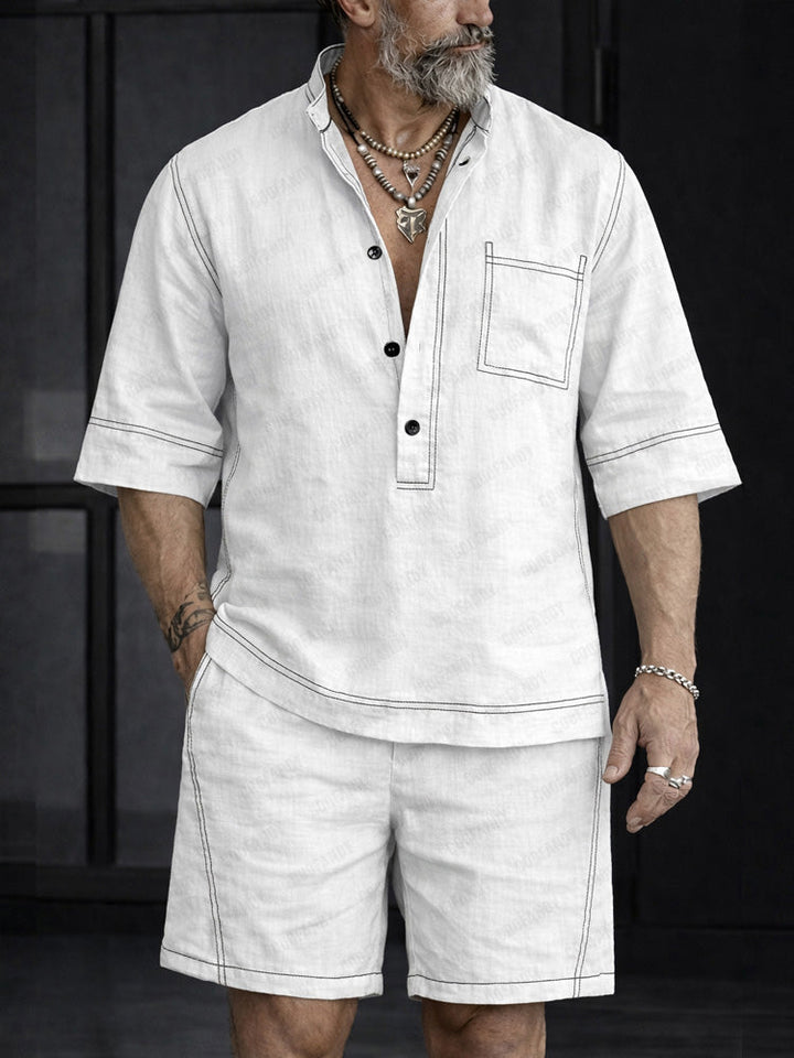 Sommar Casual 100% Bomull Henley Skjortset