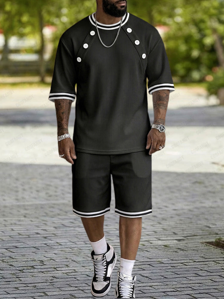 Athleisure Knapp Detalj Ribbad Texturerat Shorts Set