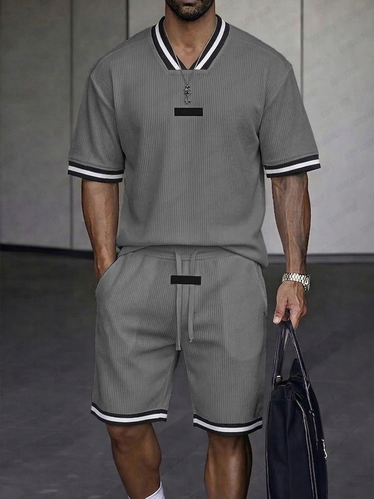 Klassiskt Kontrast Texturerat Sommar Casual Set