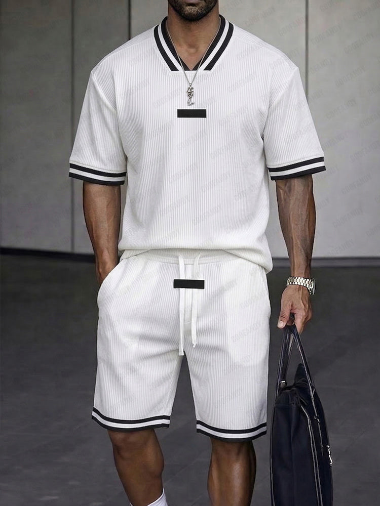 Klassiskt Kontrast Texturerat Sommar Casual Set