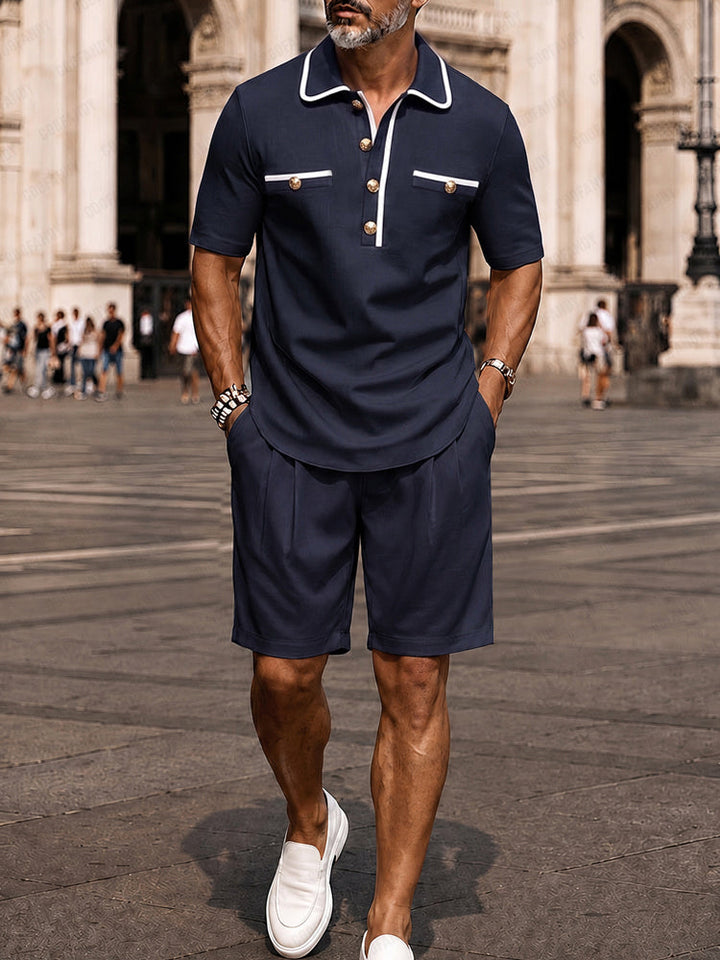 Elegant Kontrast Pikétröja Shorts Set