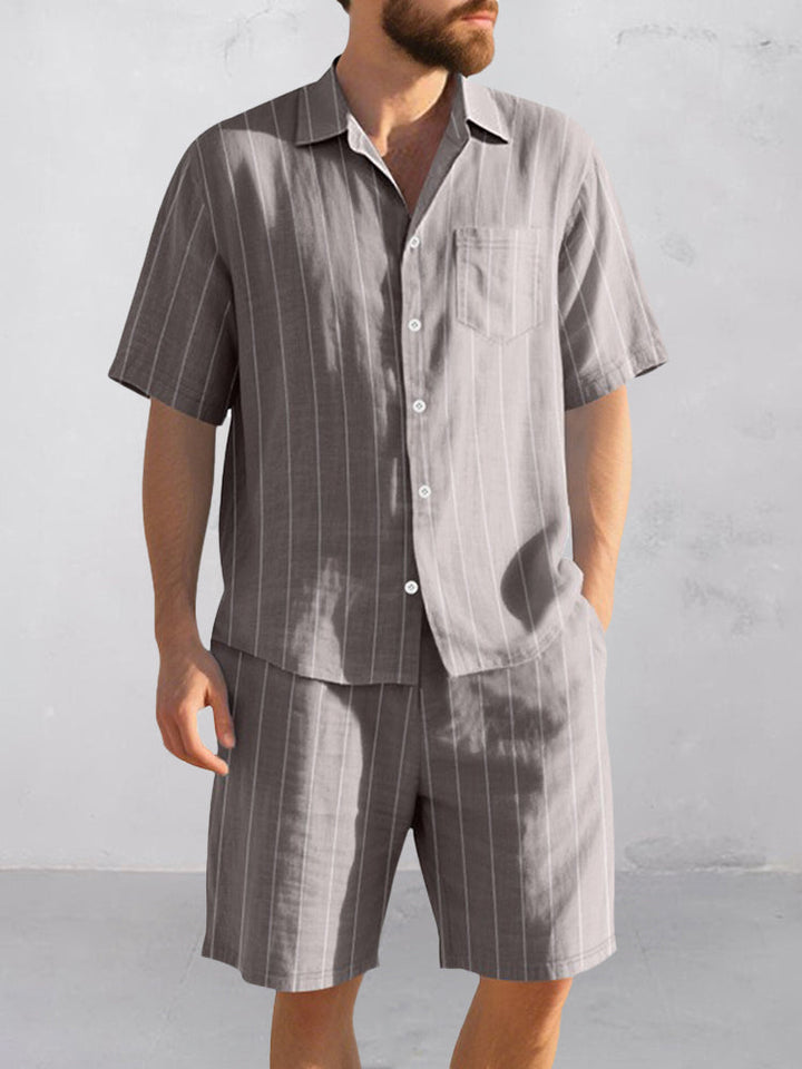 Komfort Bomull Rand Skjorta Shorts Set