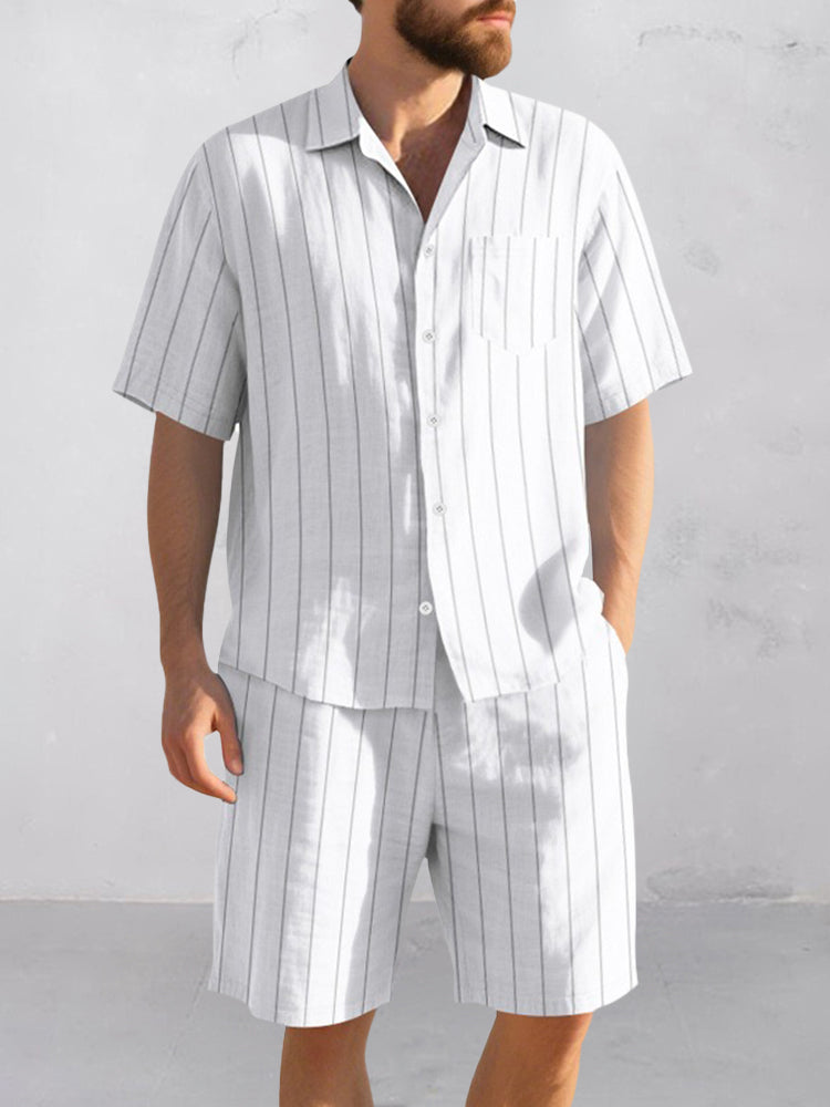 Komfort Bomull Rand Skjorta Shorts Set