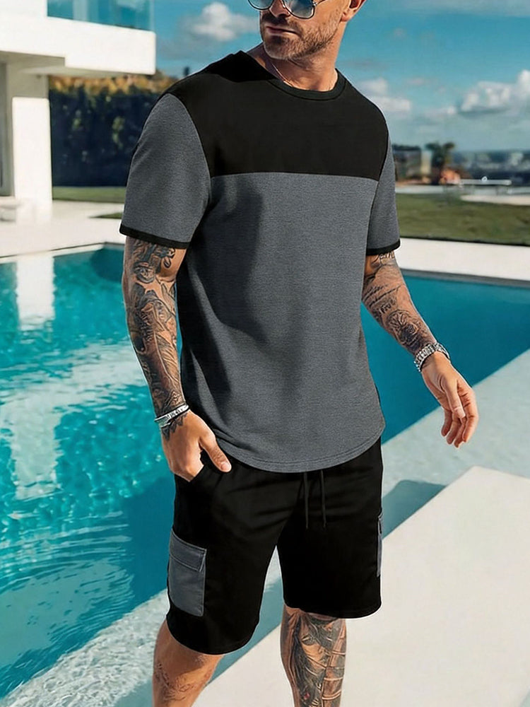 Casual Sportig Färgblock T-Shirt och Shorts Set