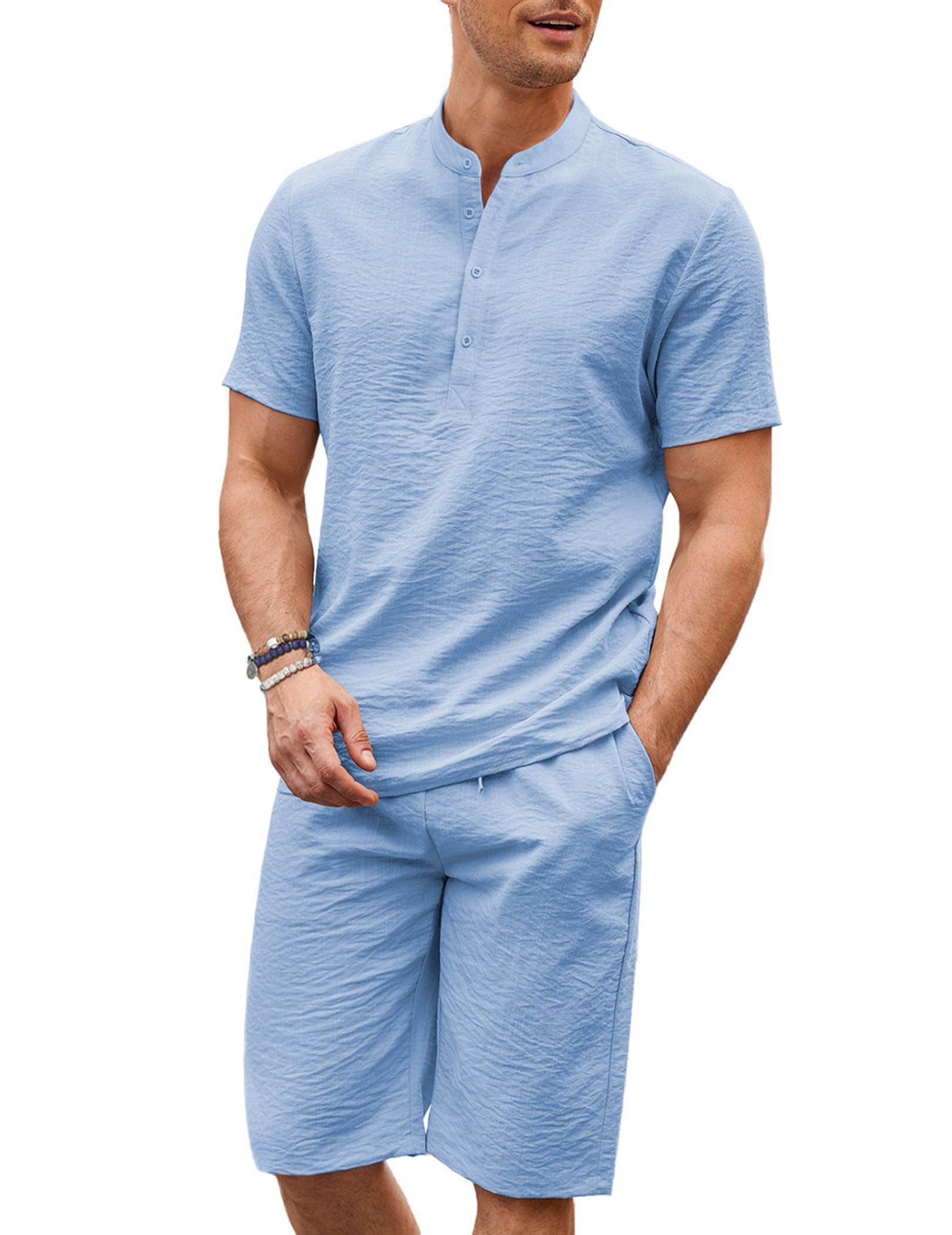Casual 2-Delat Bomull Linne Henley Skjortset