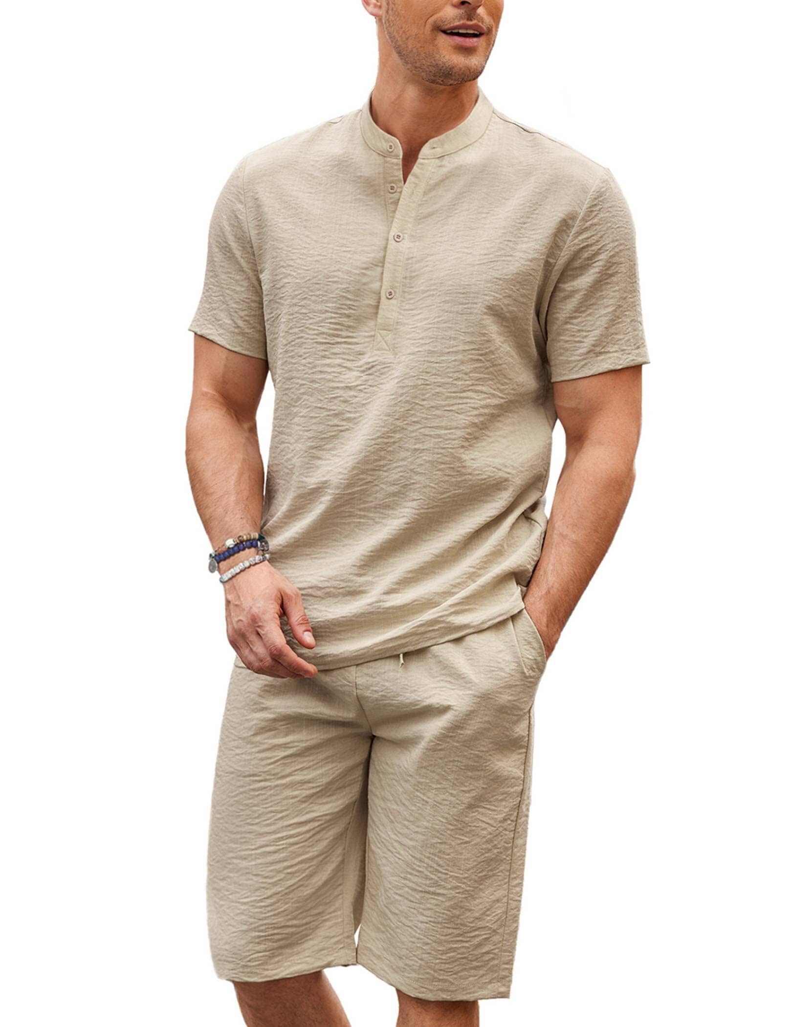 Casual 2-Delat Bomull Linne Henley Skjortset